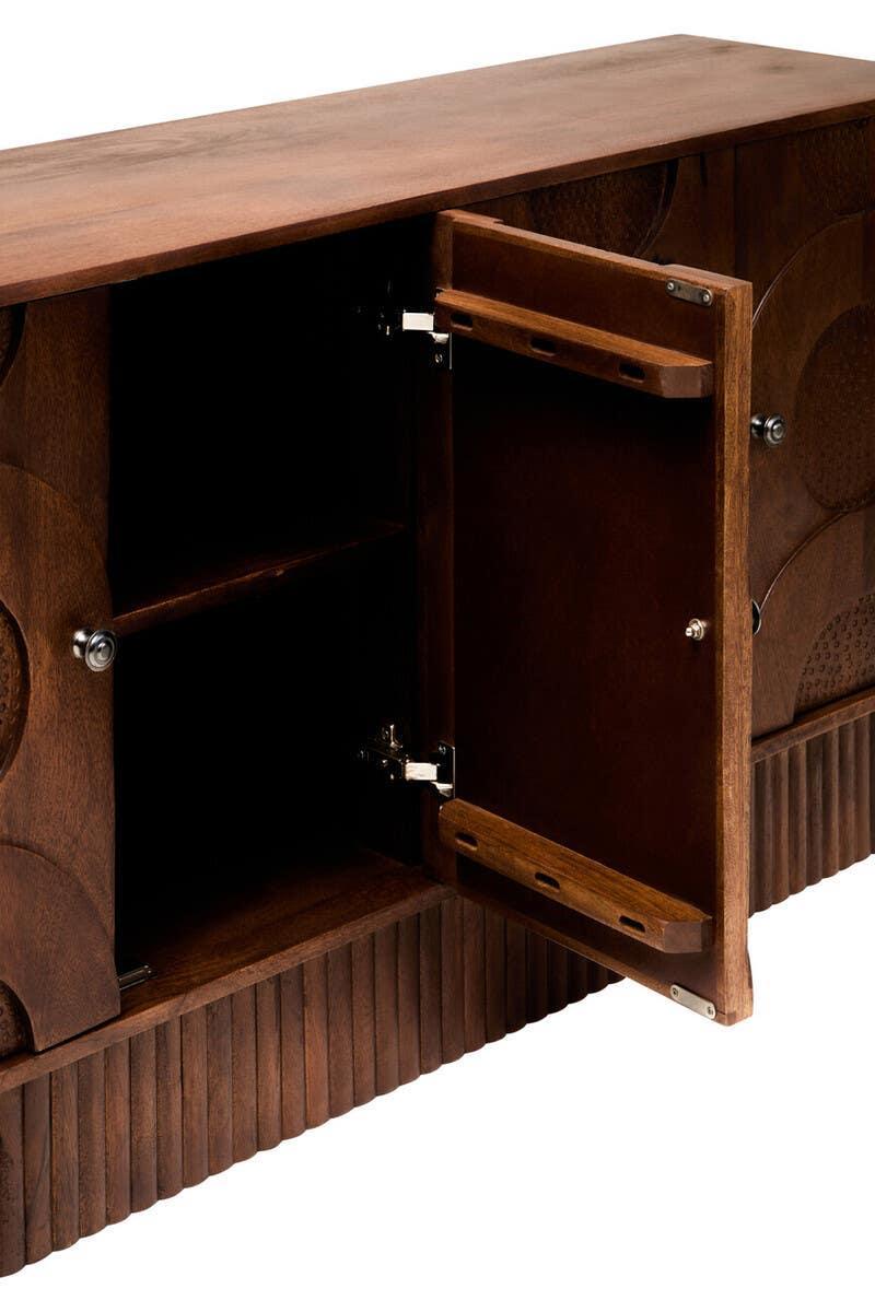 Walnut wood sideboard cabinet with open door showing interior shelf and embossed pattern