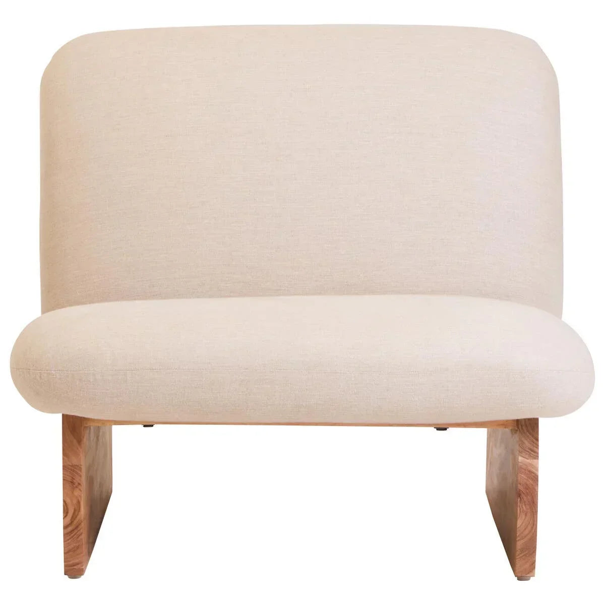 Beige upholstered accent chair with wooden legs, front view