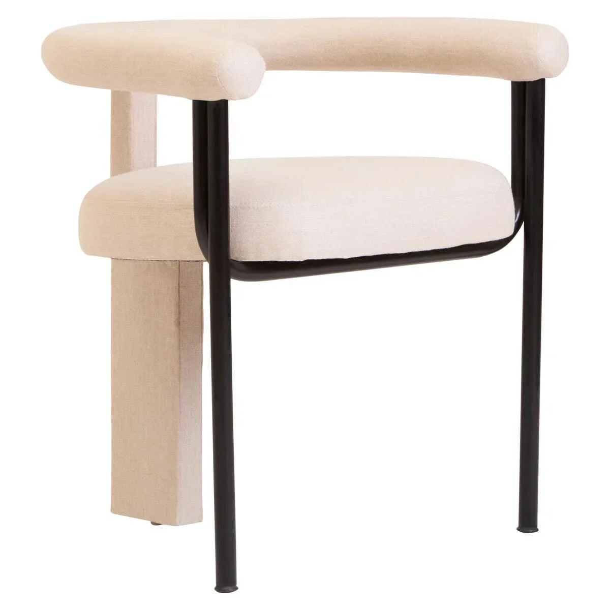 Modern beige upholstered accent chair with black metal legs, side angle view