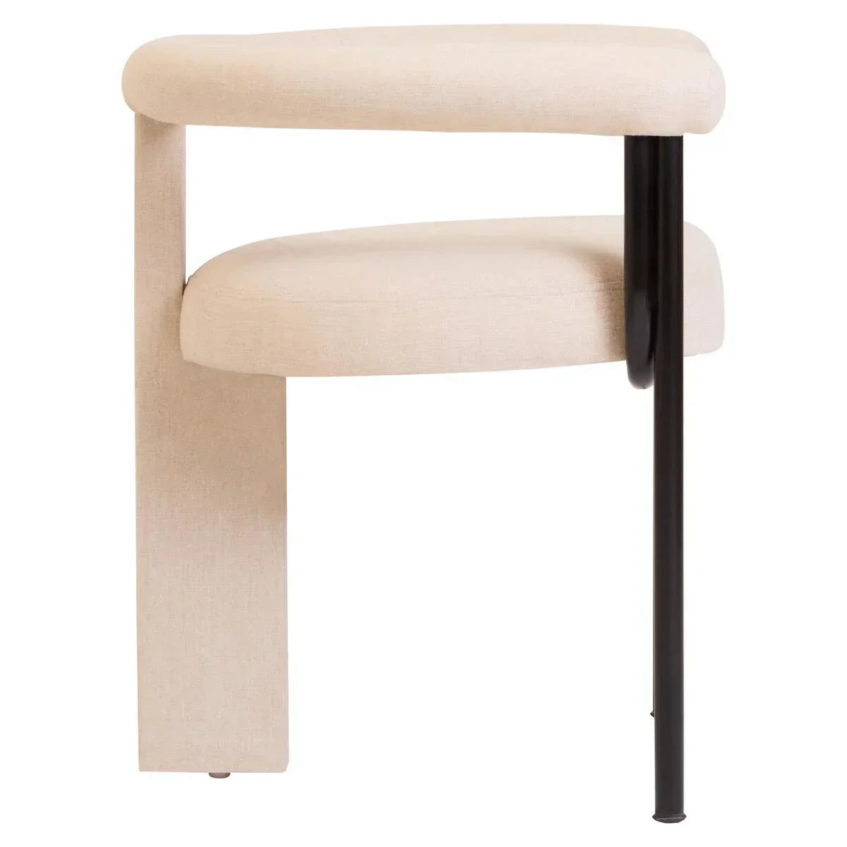 Modern beige upholstered dining chair with black and beige legs, side profile view