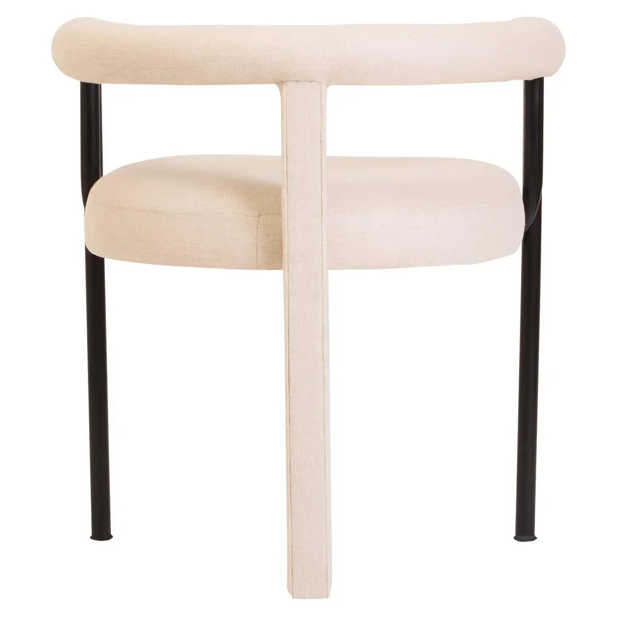 Beige fabric dining chair with black metal legs shown from the back