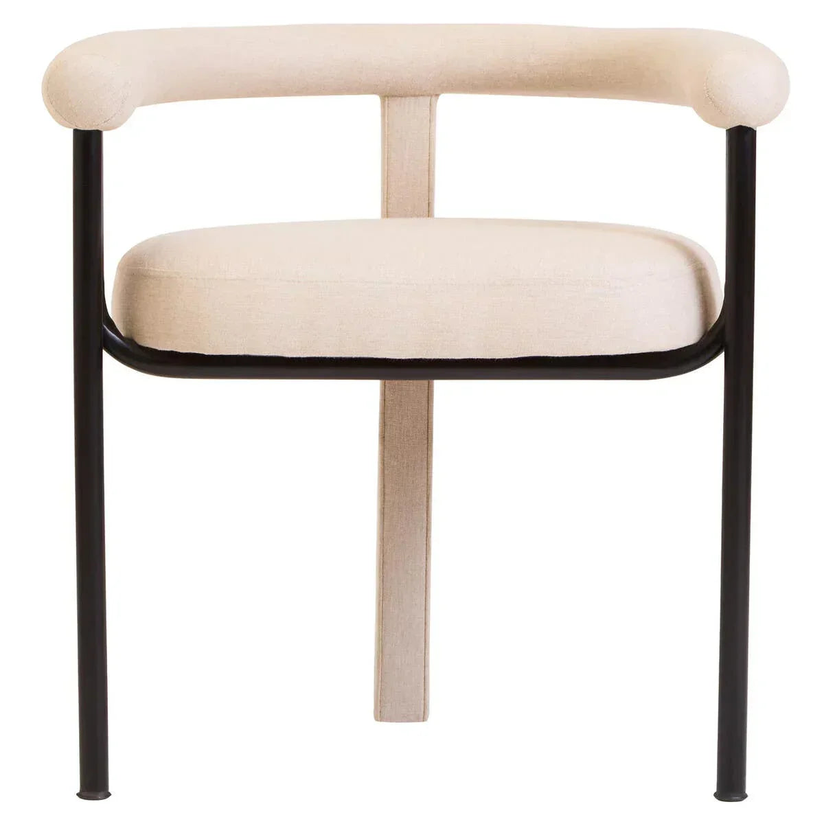 Modern cream upholstered chair with black metal frame, front view