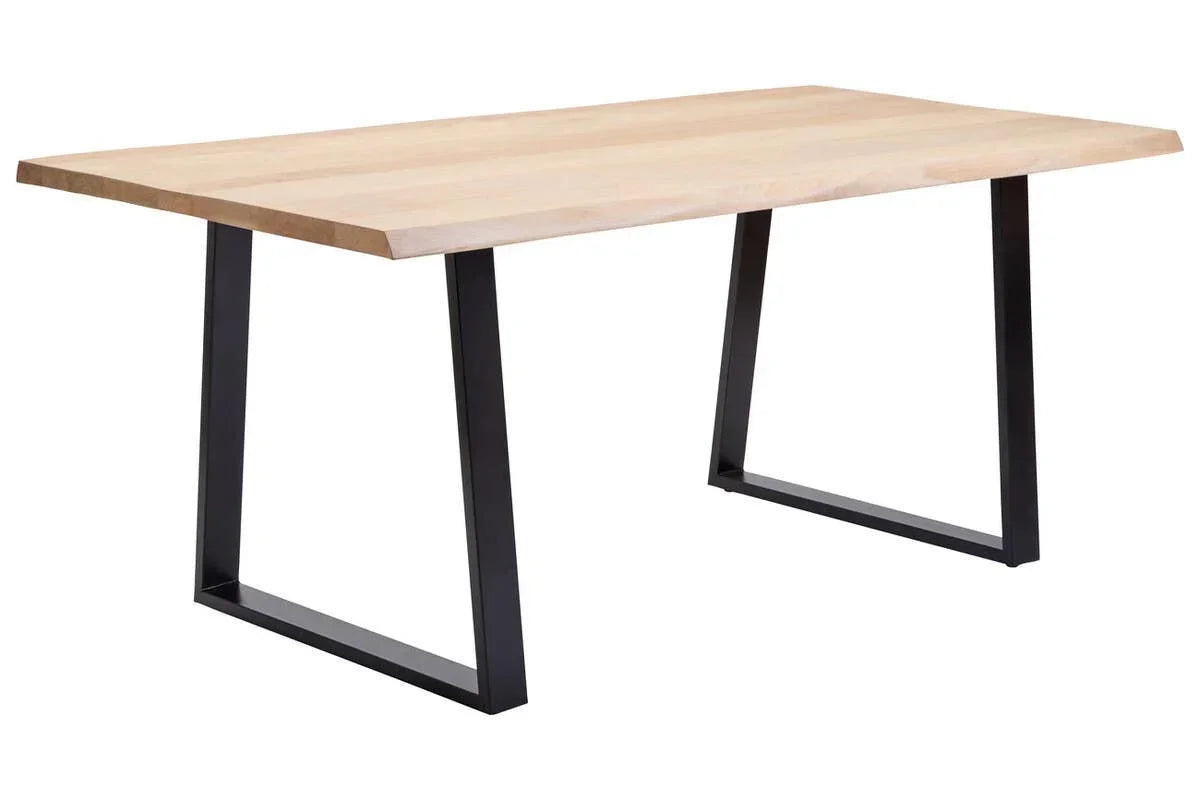 Rectangular dining table with light wood top and black metal legs, angled front view