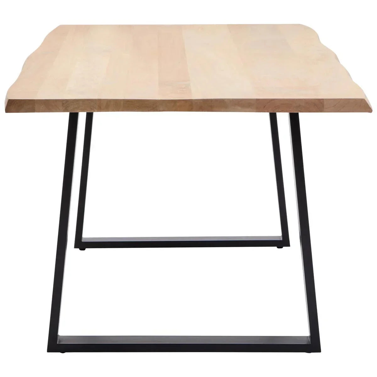 Rectangular wooden dining table with natural finish and black metal legs, front view