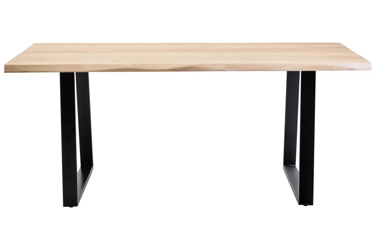Rectangular wooden dining table with black metal legs, front view