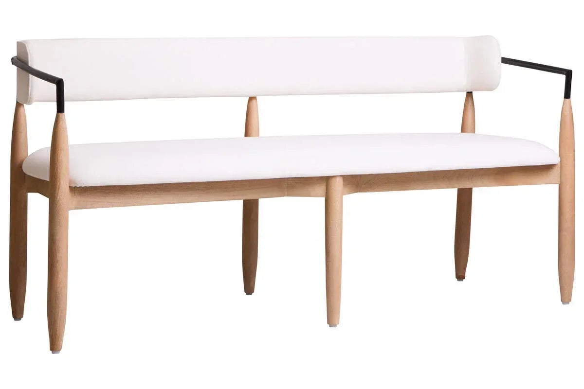 Modern wooden bench with white padded seat and black metal armrests
