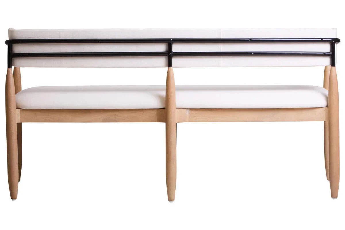 Modern wooden bench with black metal backrest and cream upholstered seat, front view