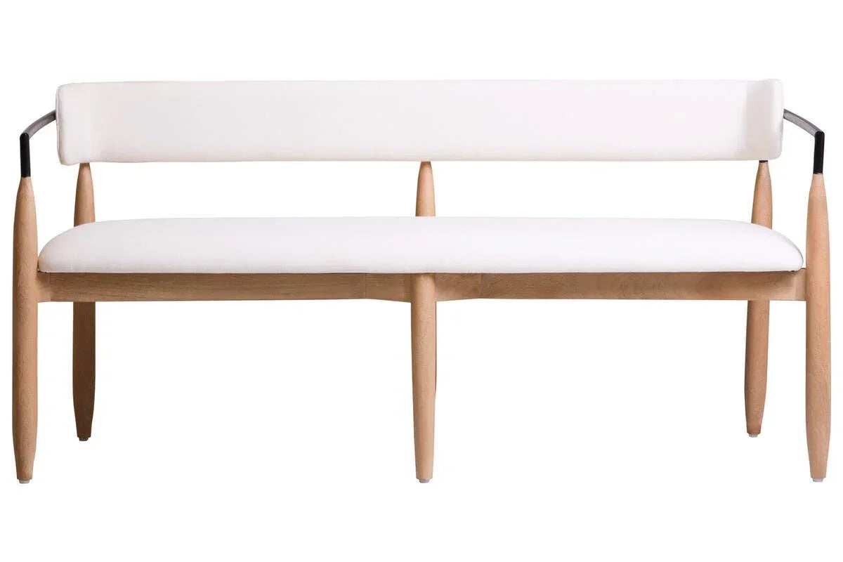 Modern wooden bench with padded white seat and backrest, front view
