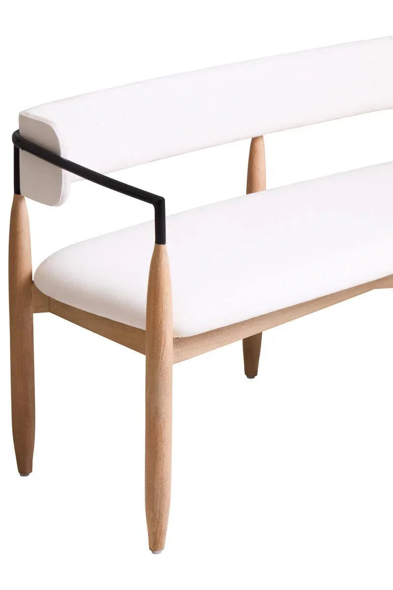 Modern wooden bench with white upholstered seat and backrest, black metal arm details