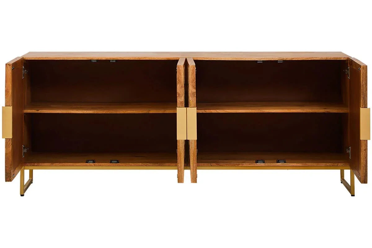 Wooden sideboard cabinet open with two shelves and gold handles, front view