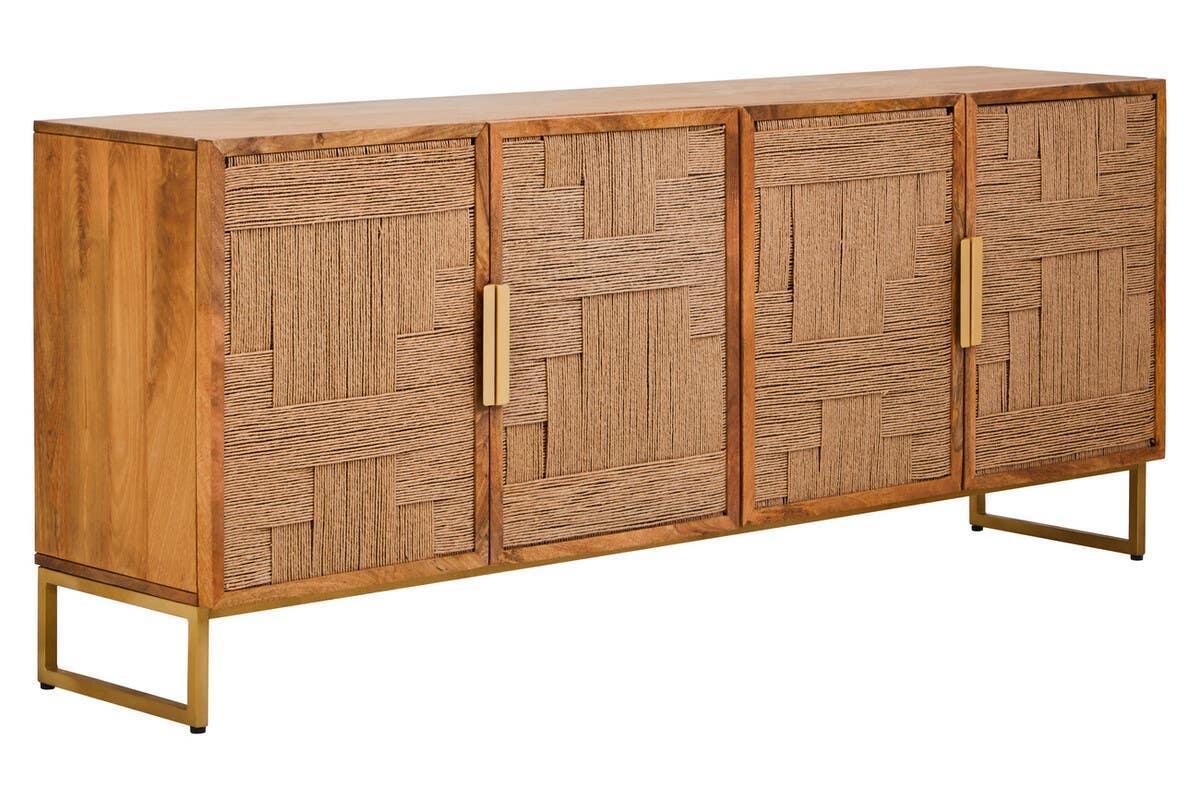 Wooden sideboard with woven textured cabinet doors and gold metal legs