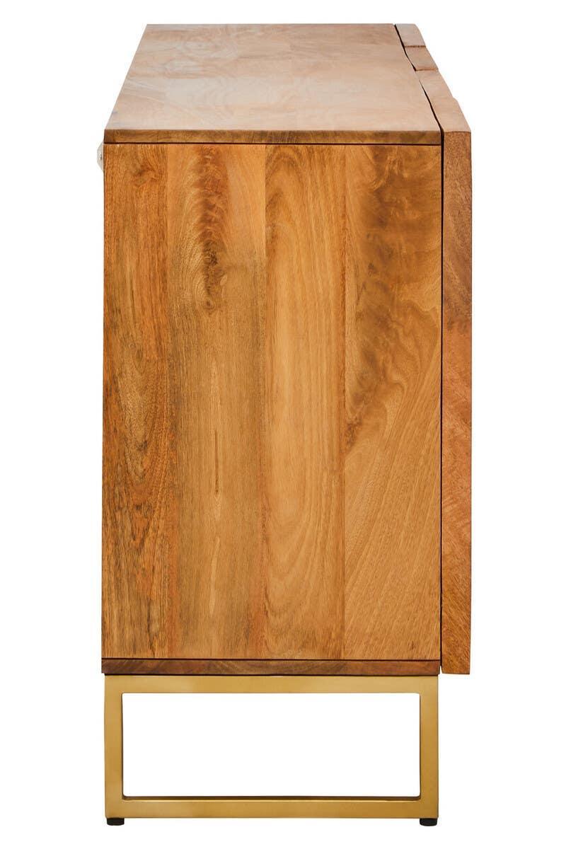 Side view of wooden sideboard with natural finish and gold metal base