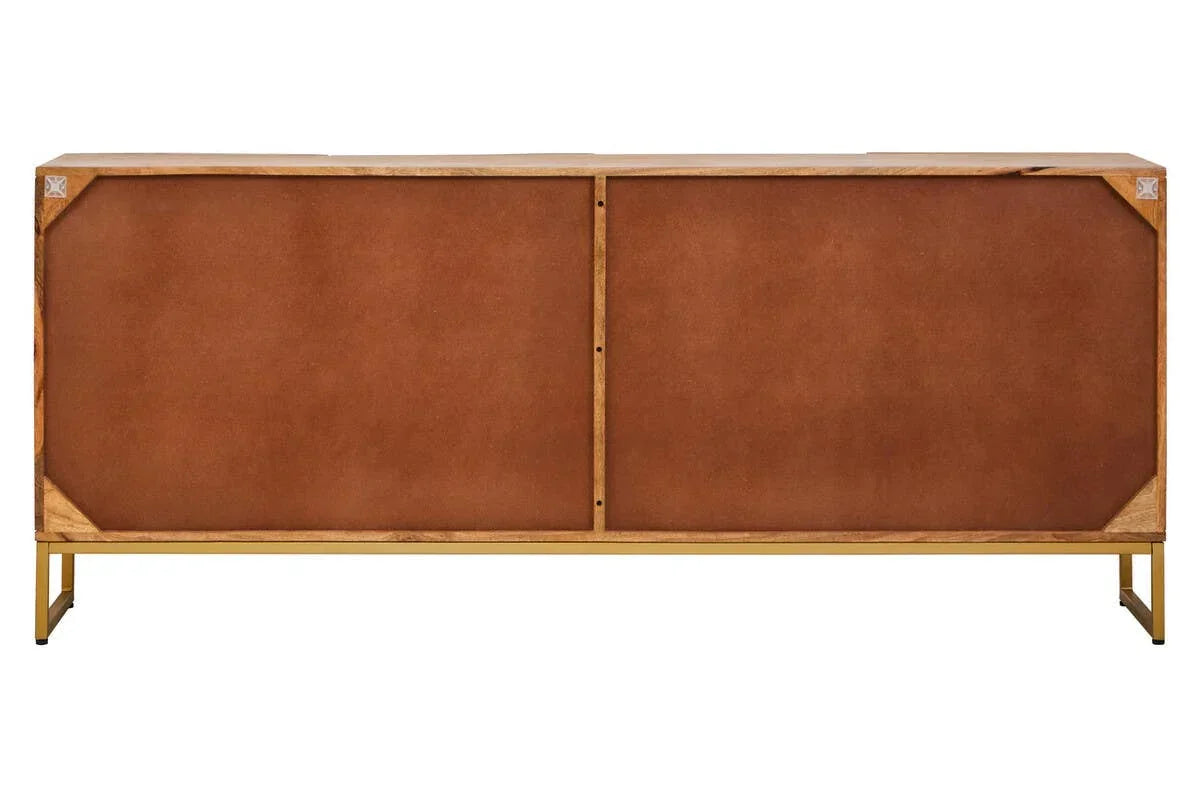 Rear view of wooden sideboard with brown panel and gold metal legs