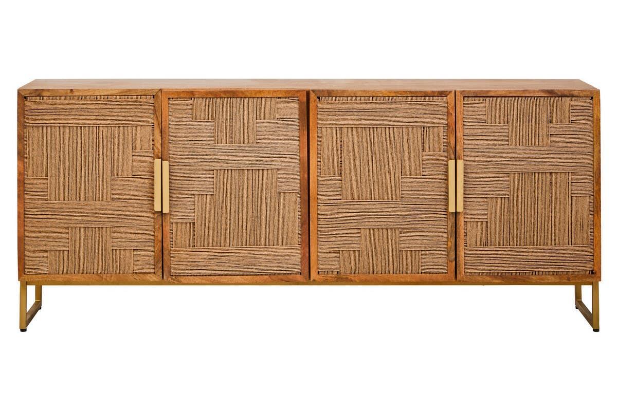 Natural wood sideboard with textured woven front panels and gold metal legs