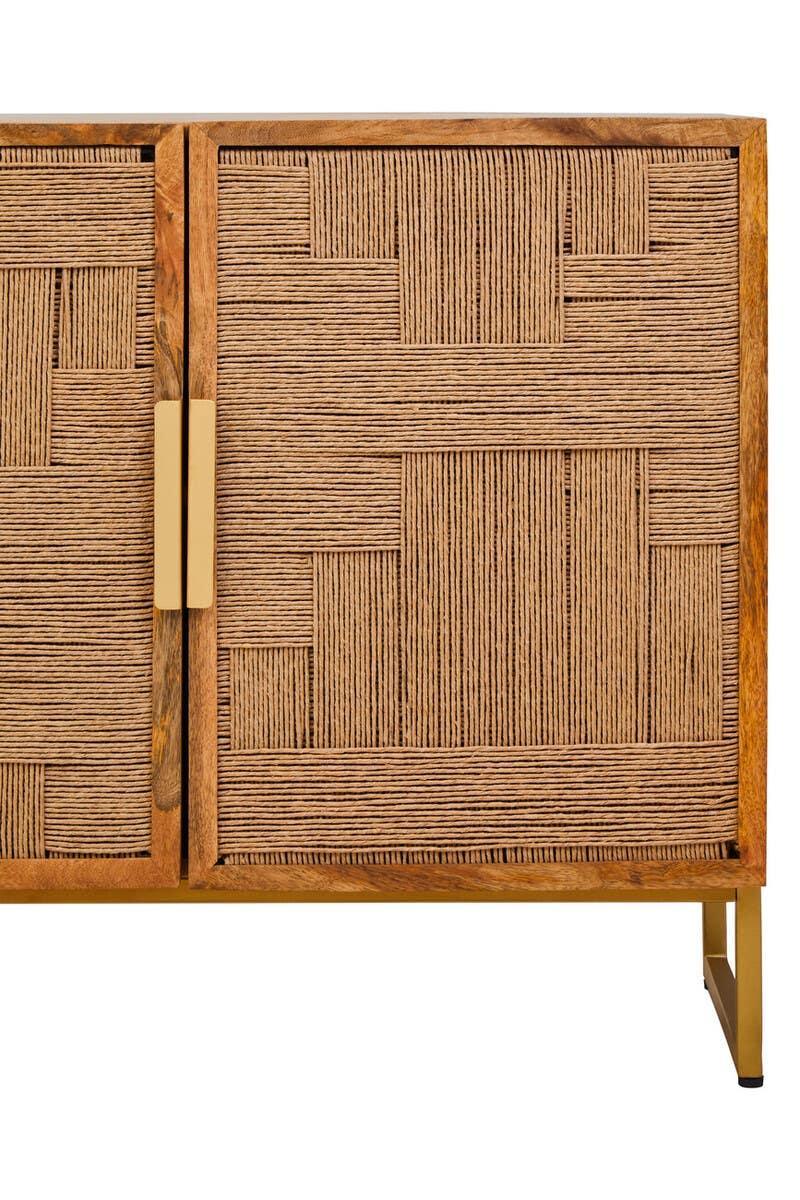 Wooden sideboard with textured woven panel doors and gold metal leg detail