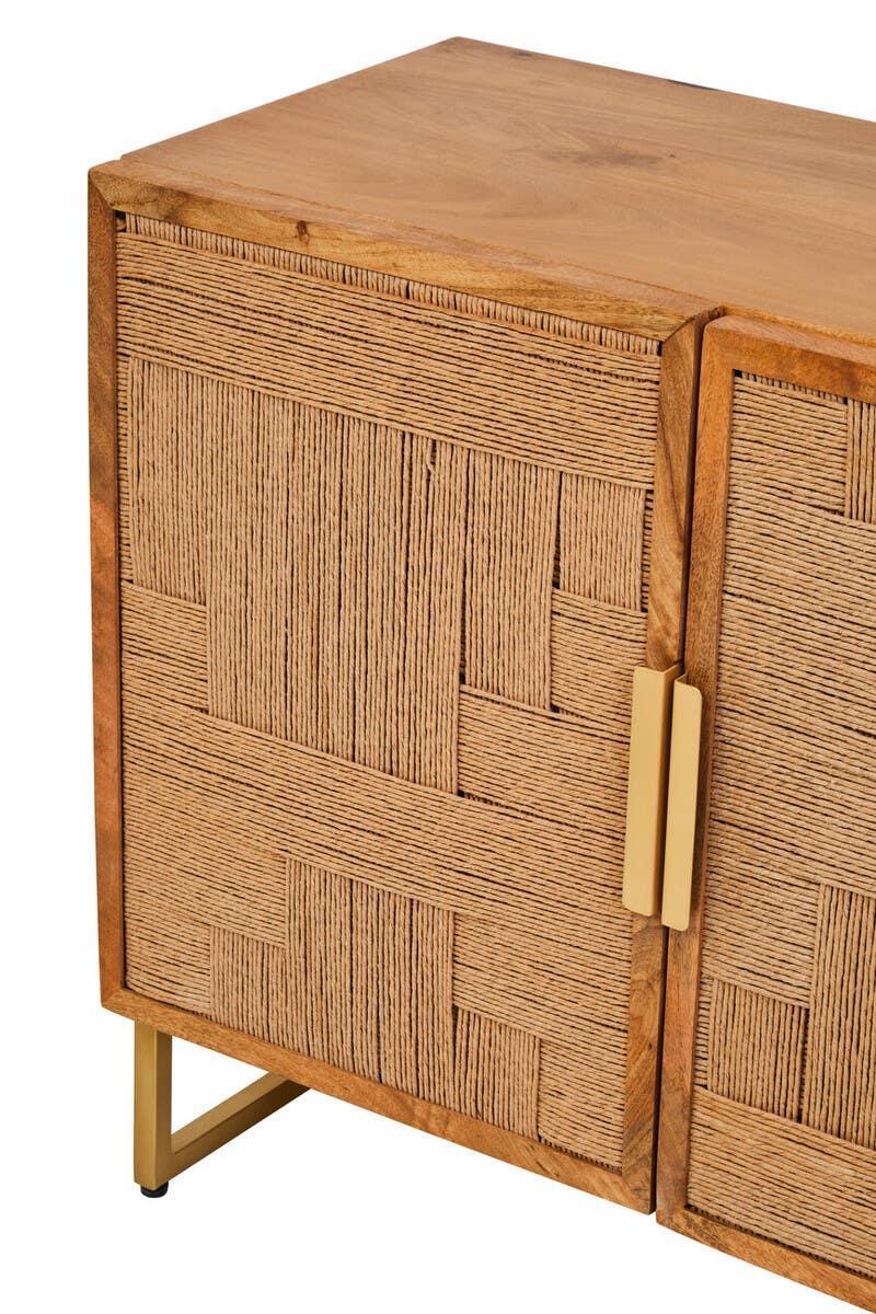 Close view of wooden sideboard with woven panel doors and gold metal handles