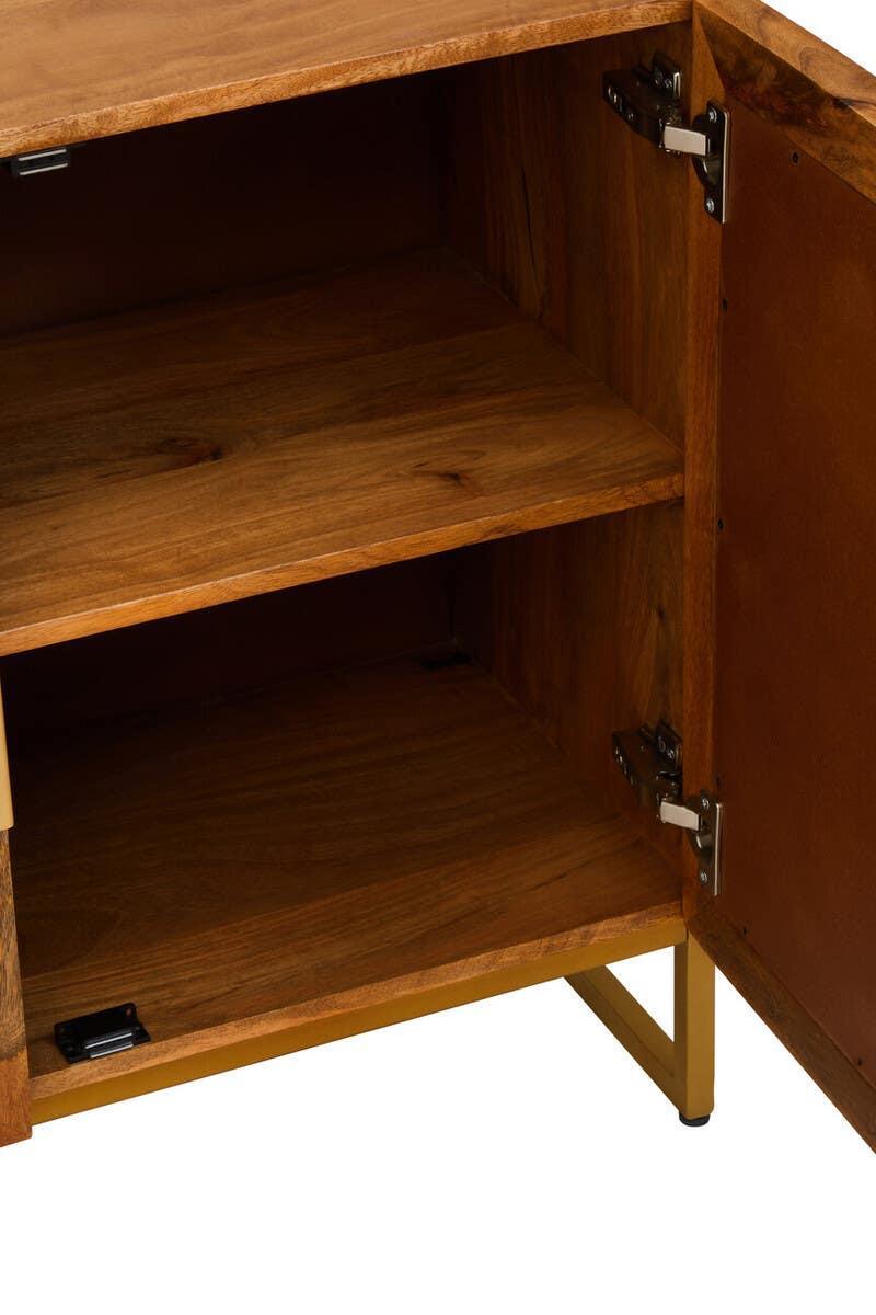 Open wooden cabinet with metal legs, showing interior shelves and door hinges