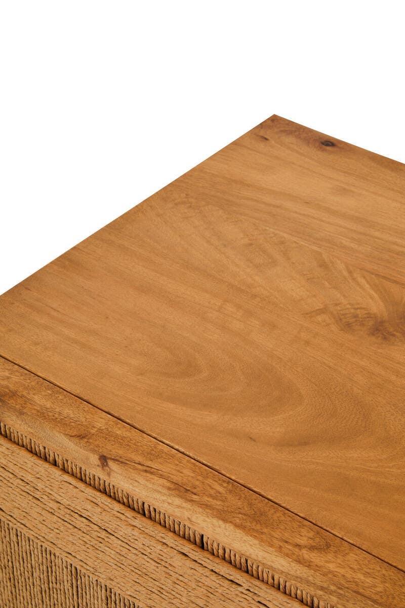 Close up of wooden furniture surface with natural grain and textured edge detail