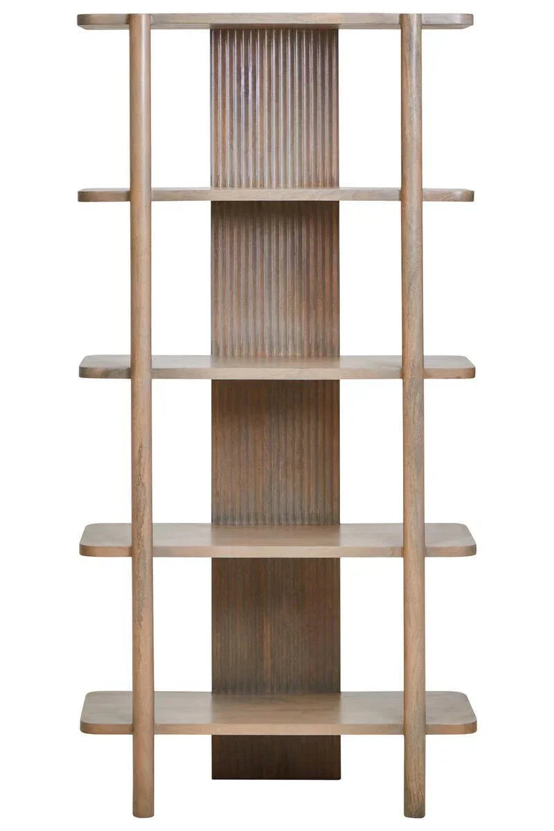 Light oak bookcase with four wide shelves and vertical fluted wooden panel