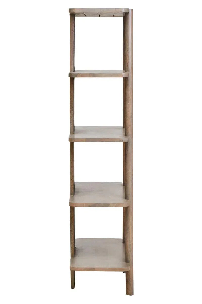 Tall wooden shelving unit with five open shelves, light wood finish, front view