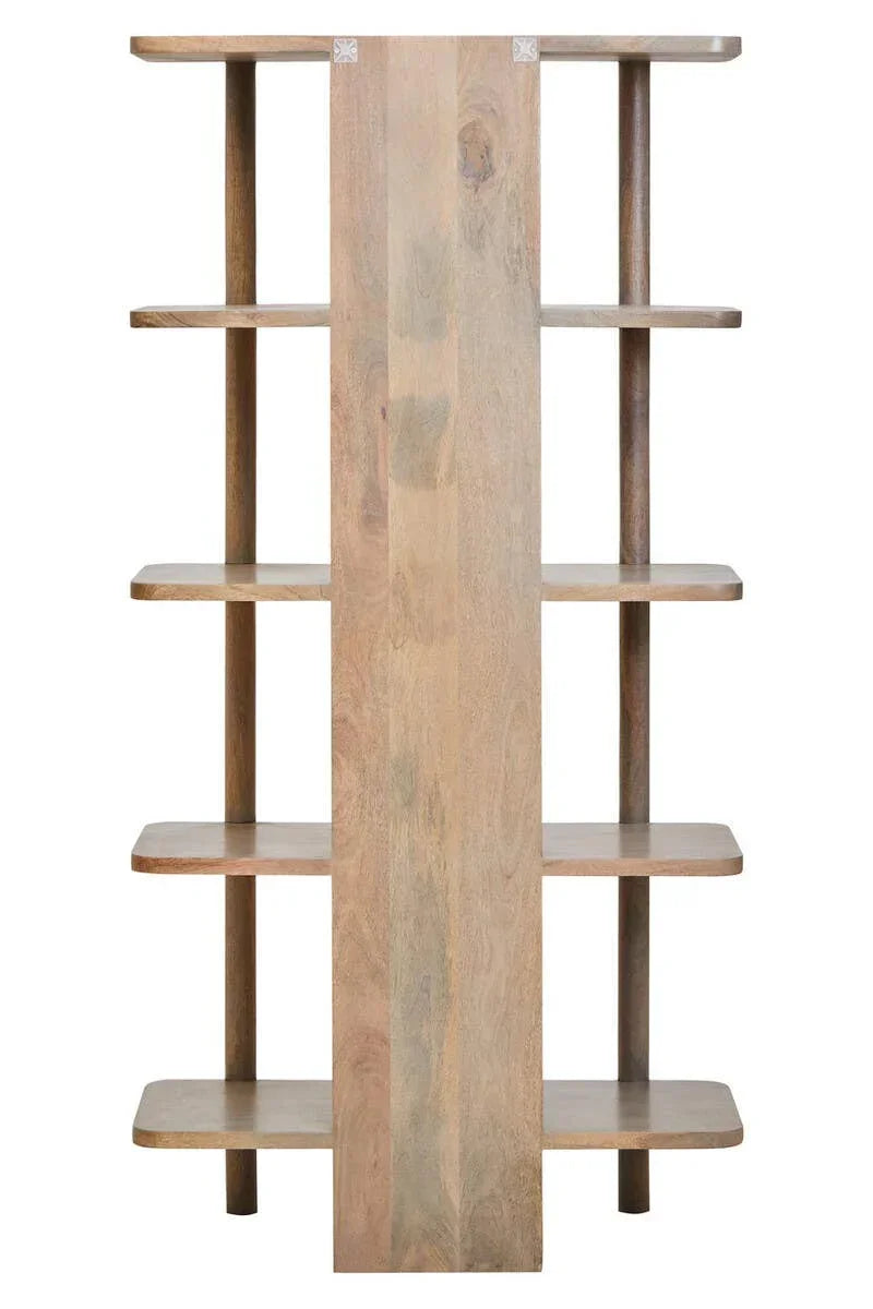 Natural wood shelving unit with six open tiers and central vertical panel, front view