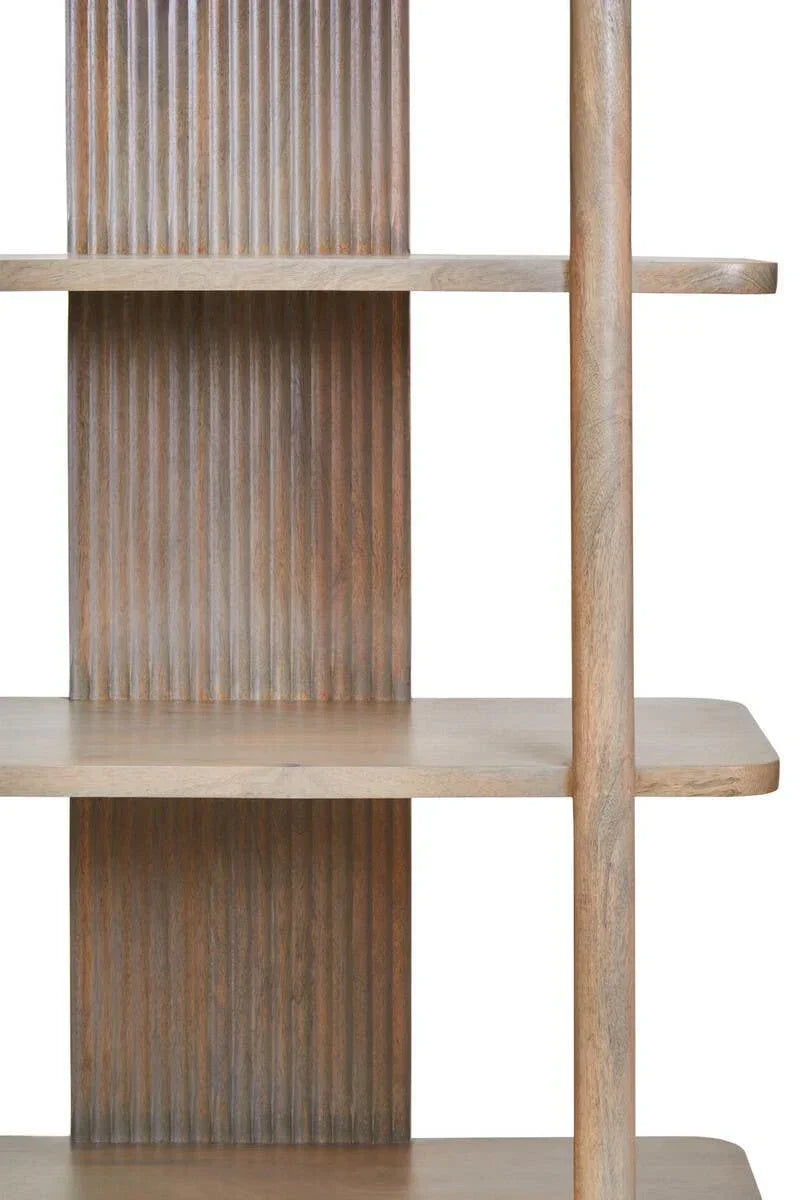 Mid-century bookcase with natural wood shelves and vertical grooved panel detail