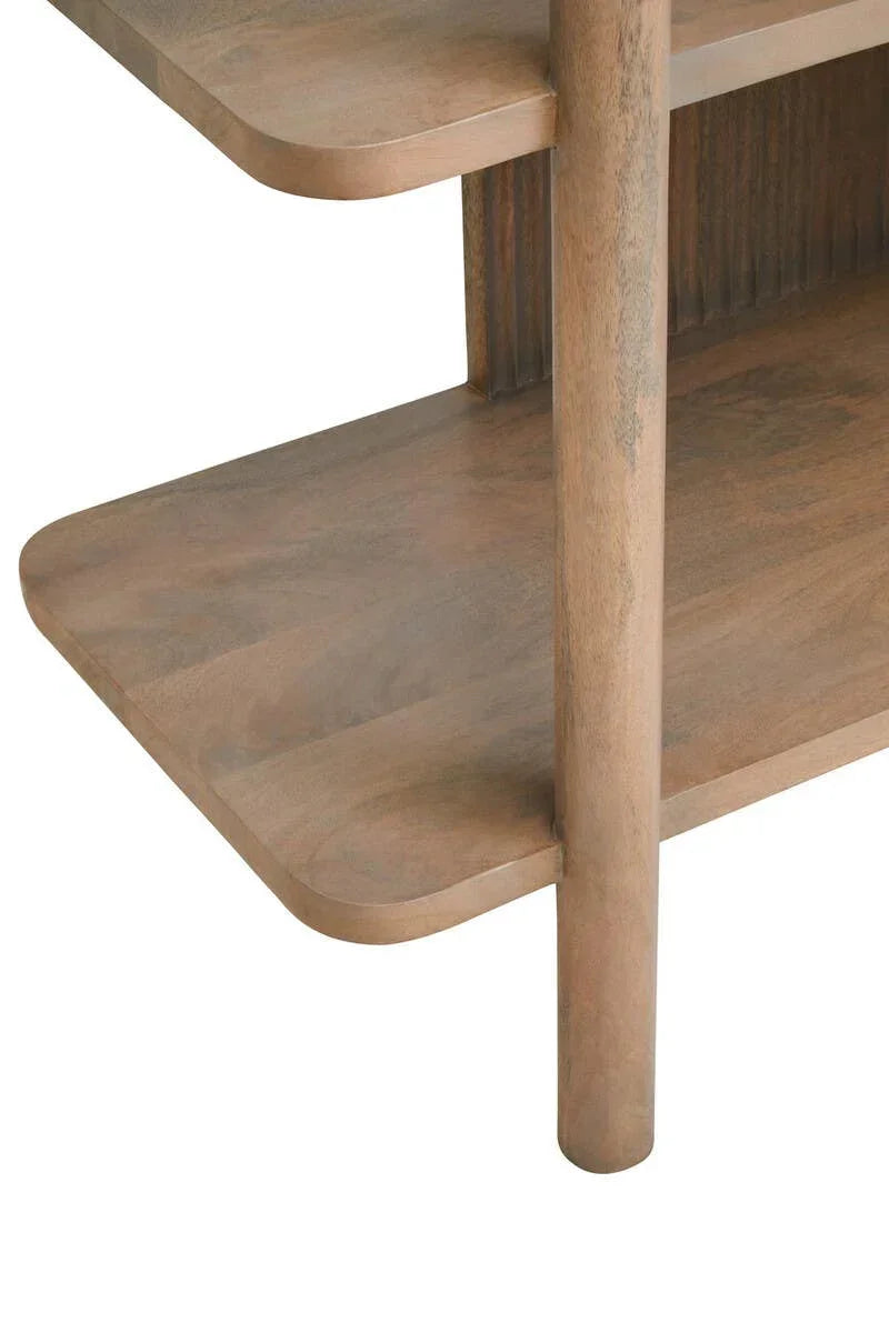 Close up of wooden shelving unit corner with rounded edges and natural wood grain finish