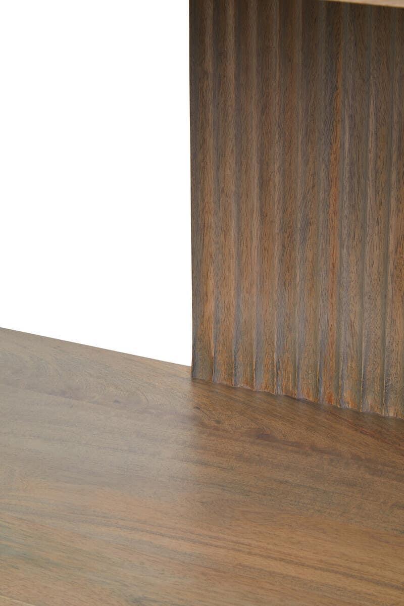 Closeup of wooden furniture table top with vertical panel and natural wood grain finish