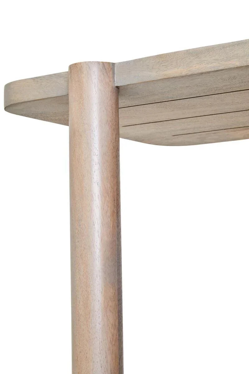 Closeup of solid wood table leg and corner, light natural finish, modern furniture style