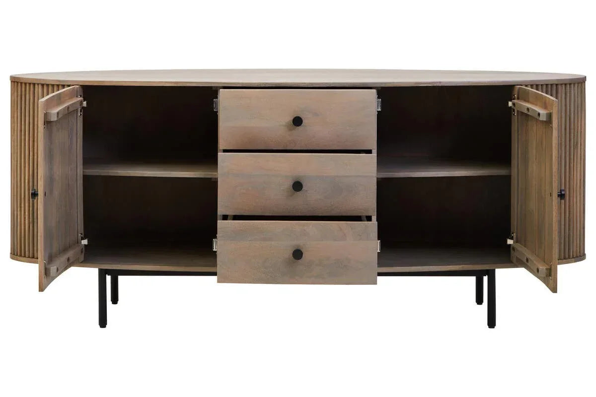 Wooden sideboard with three central drawers, two open cabinets and black legs