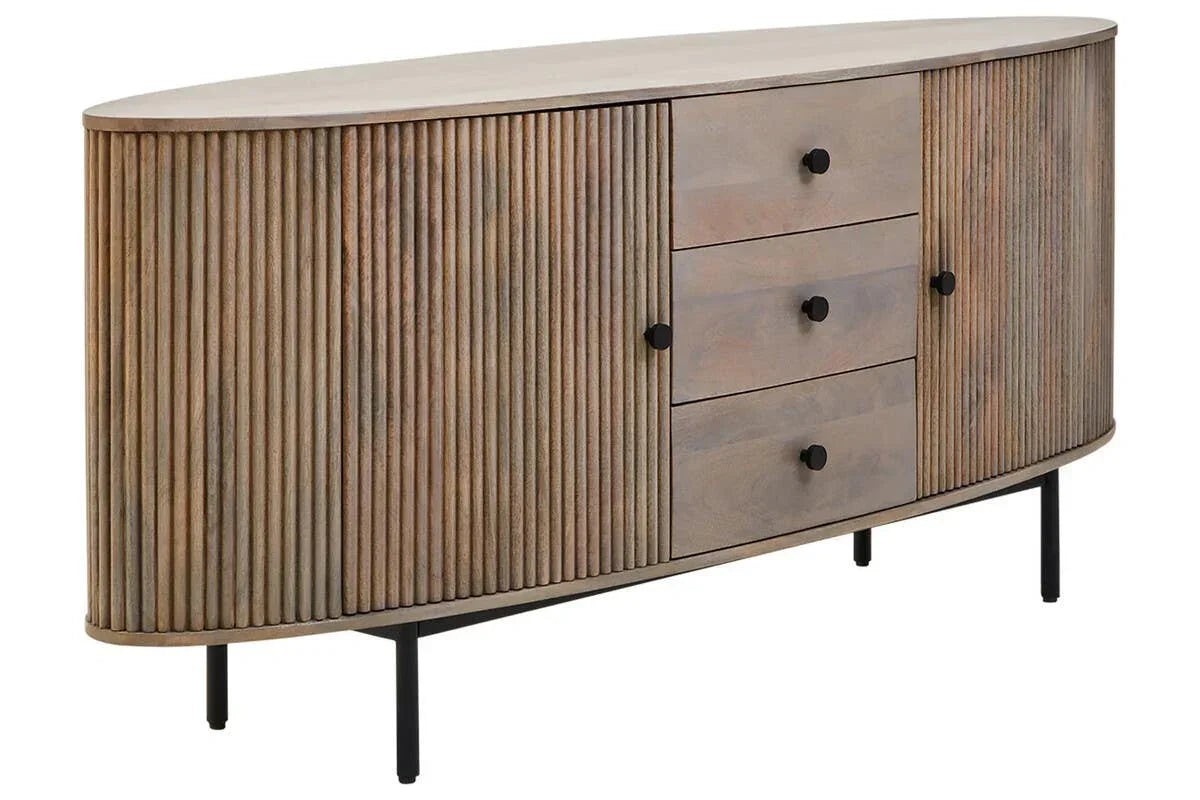 Oval wood sideboard with ribbed doors, three drawers, and black metal legs
