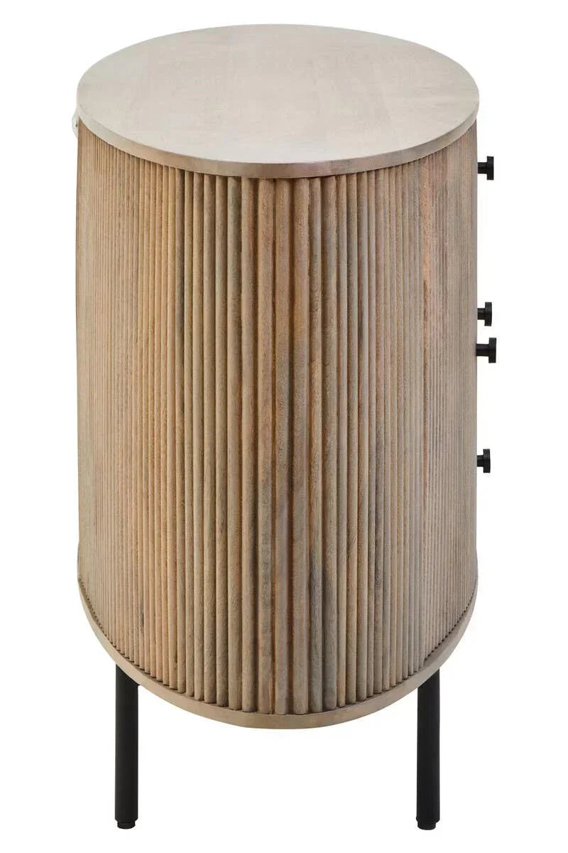 Oak wood bedside table with fluted front and black metal legs