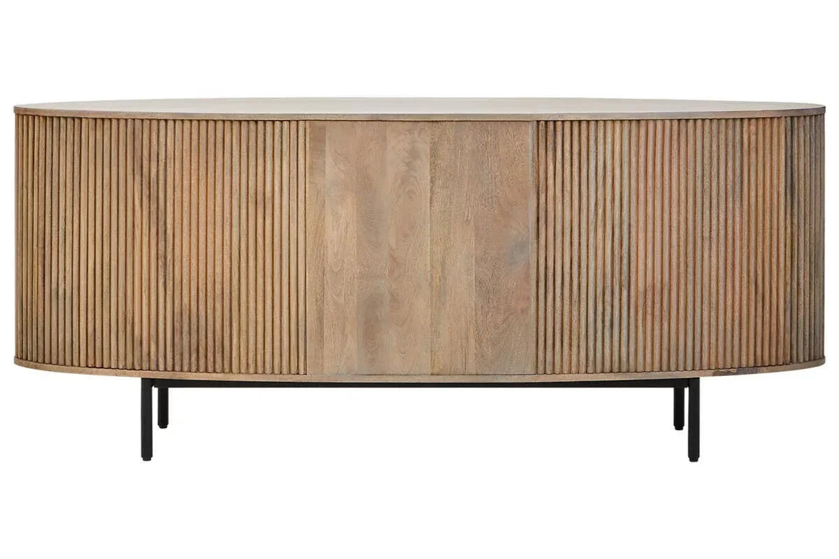 Oval wooden sideboard with slatted doors and black metal legs, front view