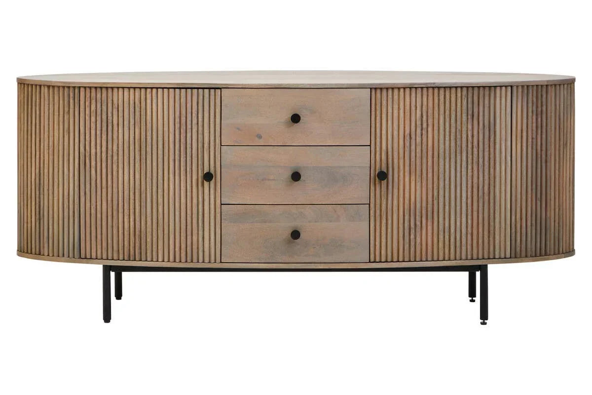 Oval wooden sideboard with three central drawers, ribbed doors, and black metal legs