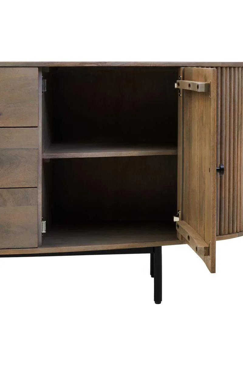 Wood sideboard cabinet with open ribbed door, shelves, and black metal legs