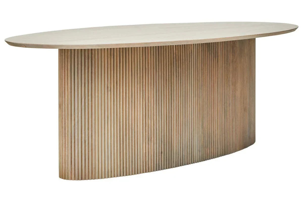 Oval wooden dining table with fluted pedestal base in light oak finish