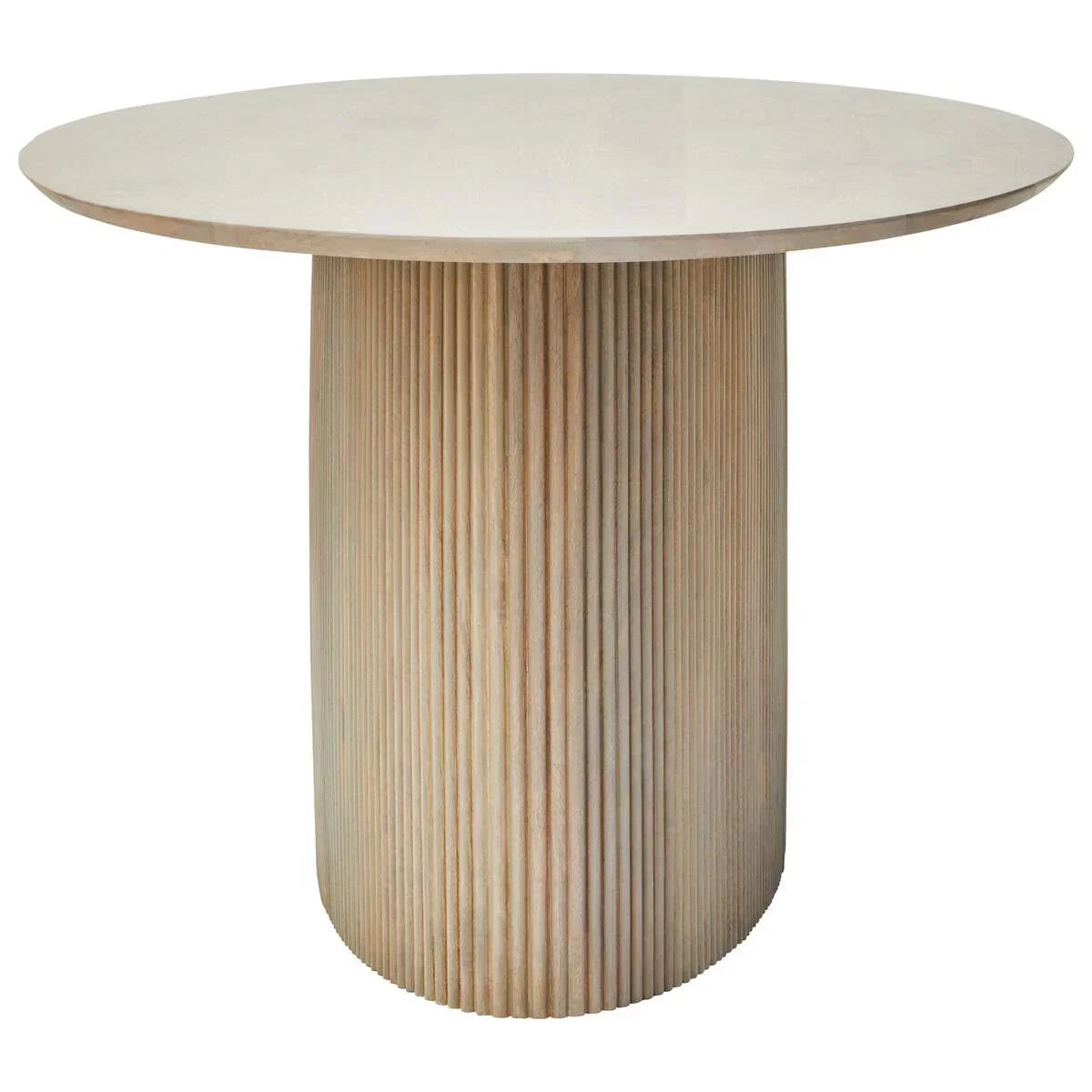 Round wooden dining table with fluted cylindrical base, natural light wood finish
