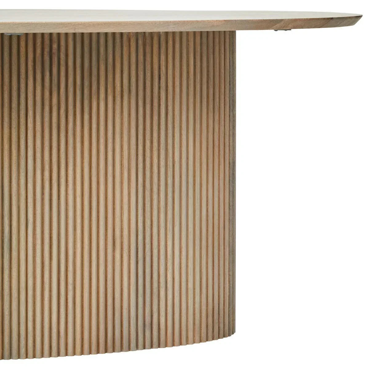 Light oak dining table with fluted cylindrical base and smooth round tabletop