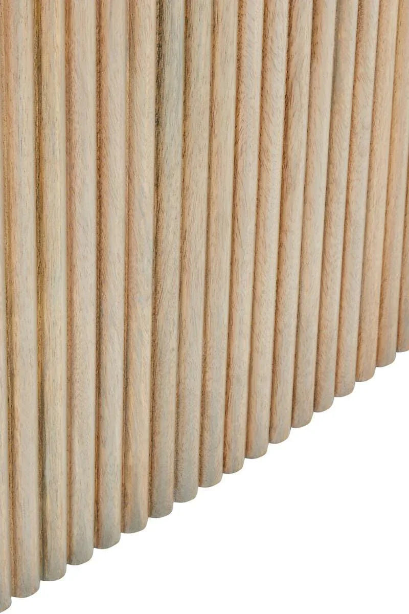 Close-up of light wood panel furniture with vertical fluted design cabinet texture