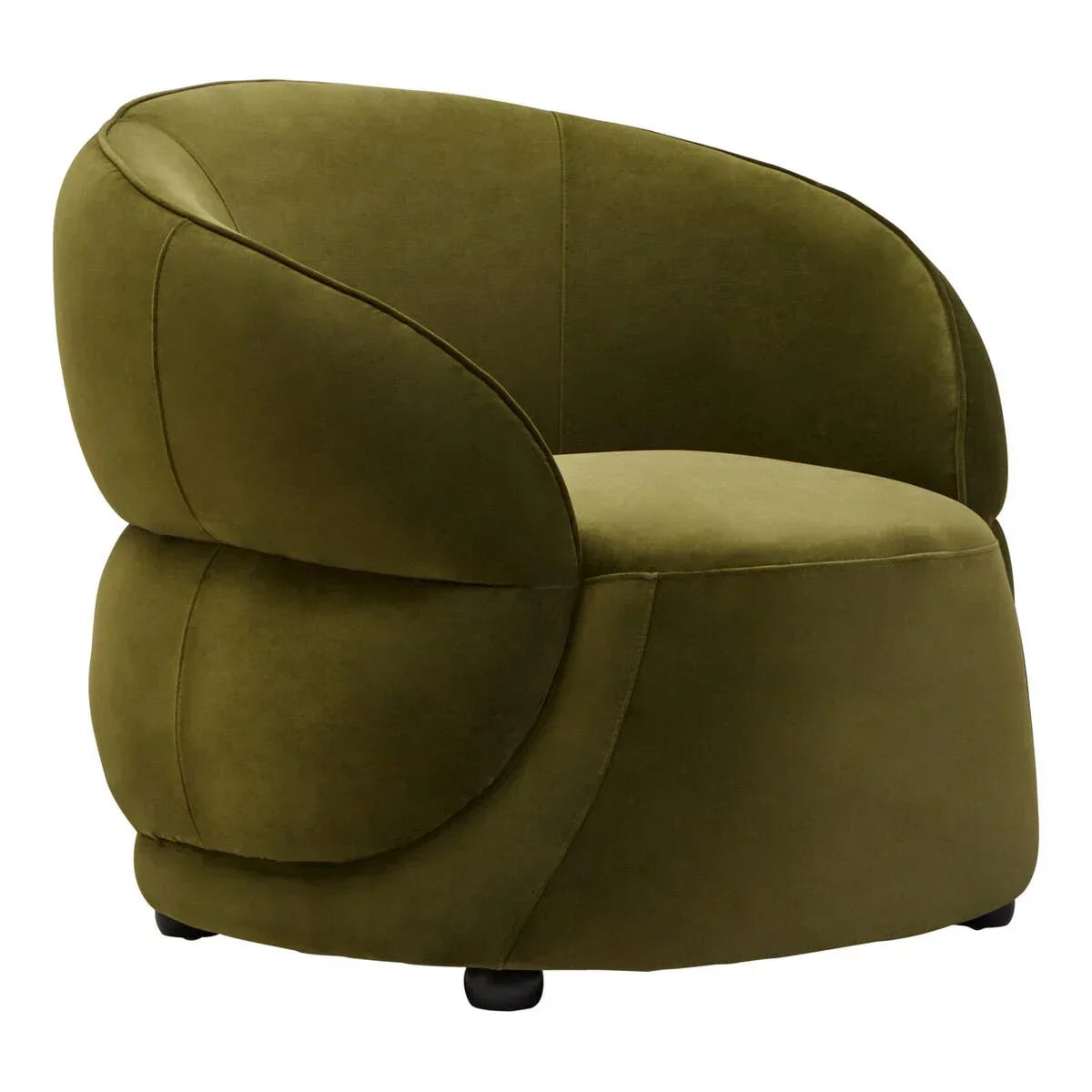 Olive green velvet accent chair with curved back and padded seat