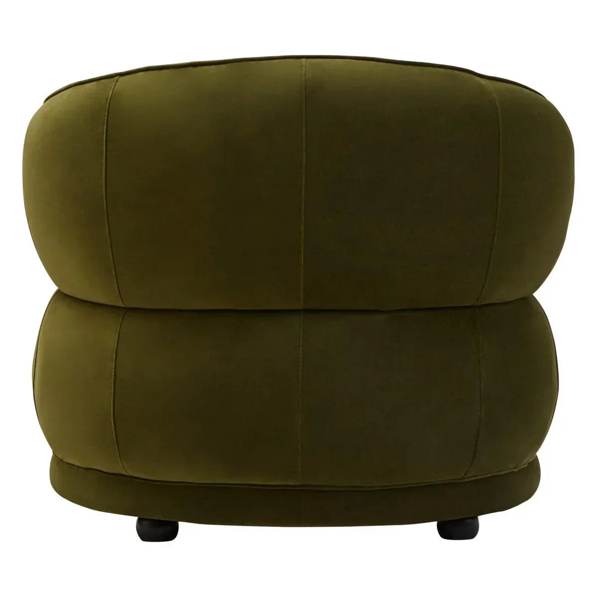 Green velvet accent chair rear view with rounded cushions and black legs