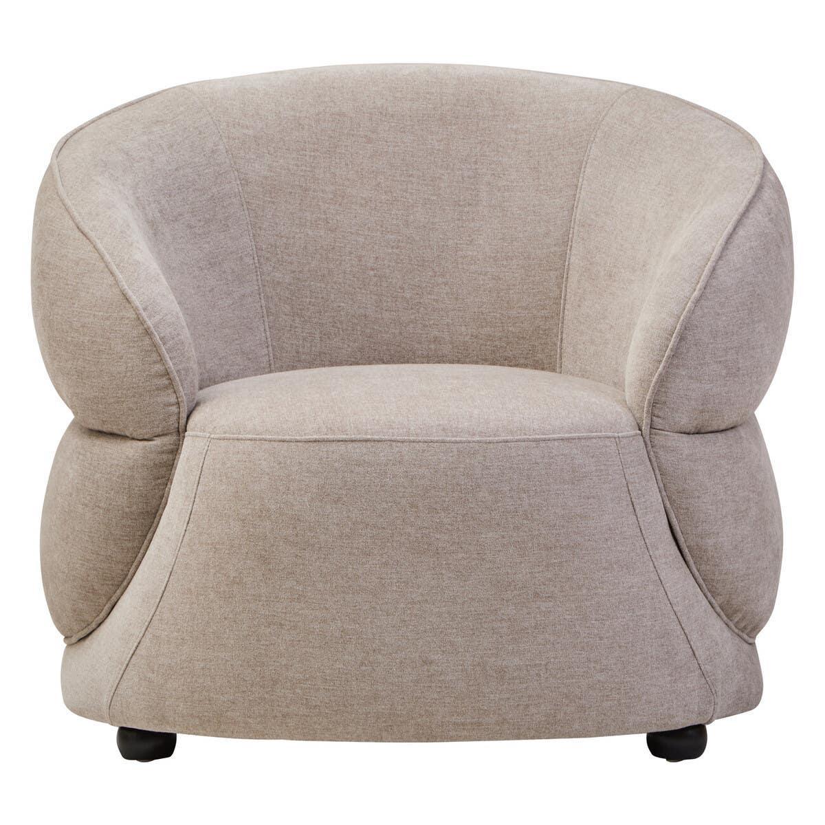 Beige fabric armchair with rounded backrest and plush cushioning, front view