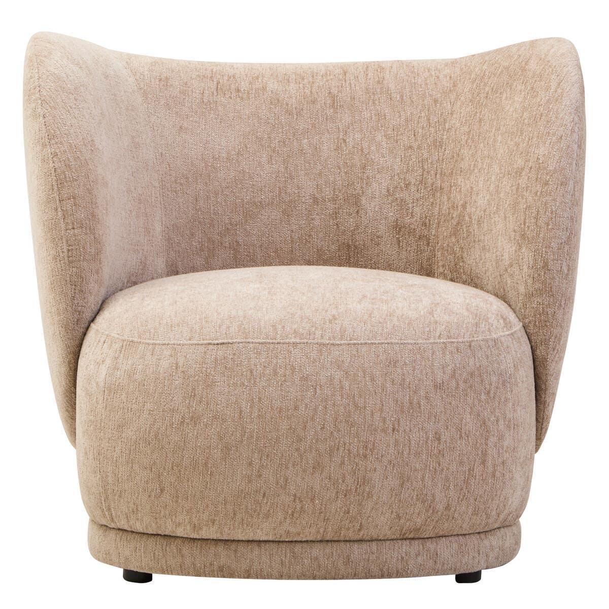 Beige fabric accent chair with curved backrest and low seat, front facing view