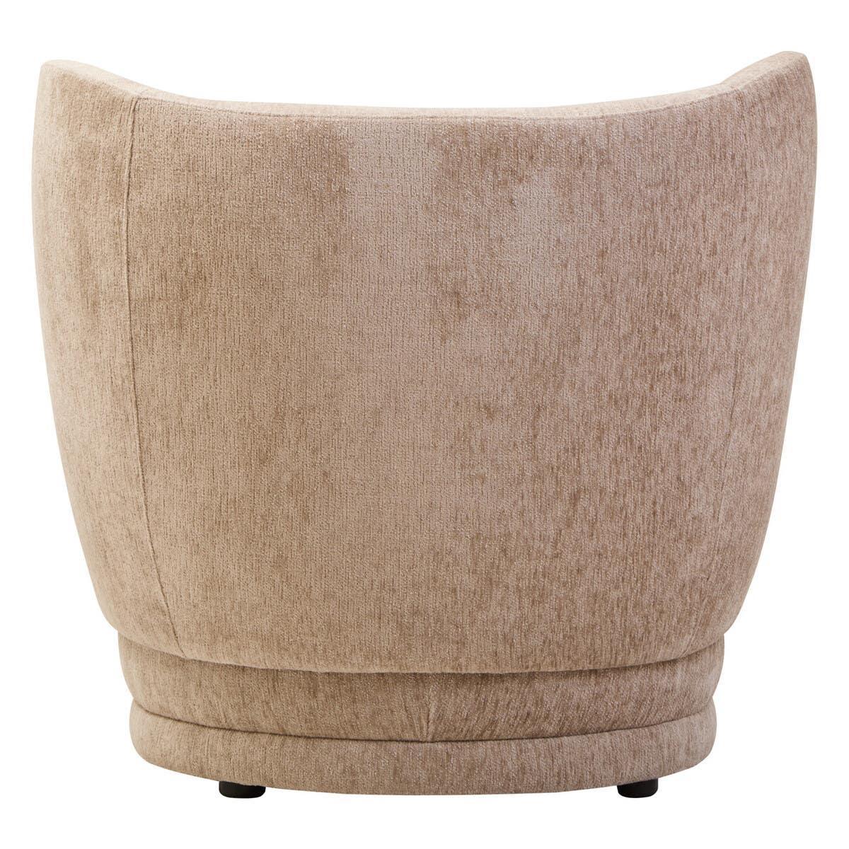 Beige fabric swivel chair rear view showing curved backrest and textured upholstery