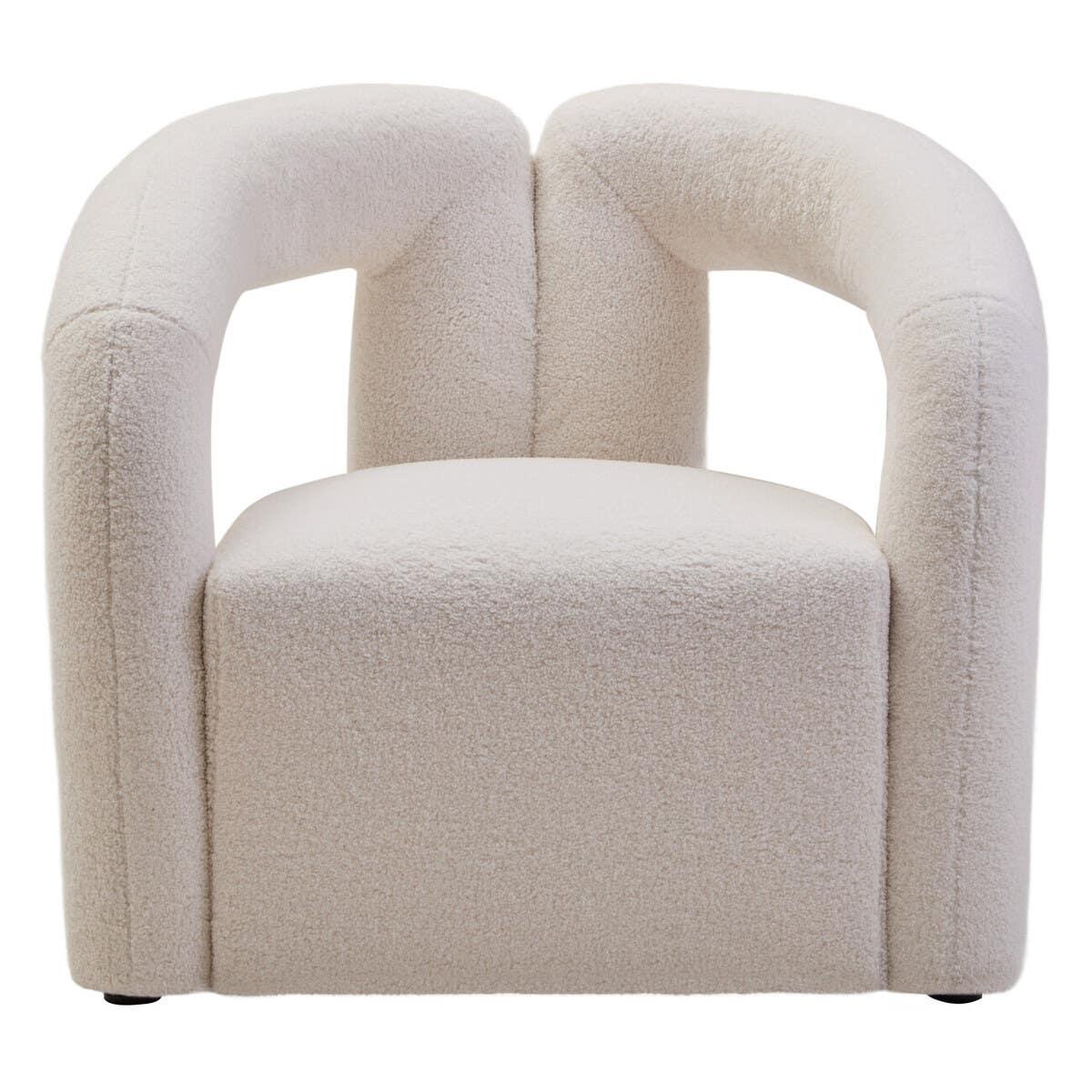 Ivory boucle accent chair with curved back and open armrests, front view