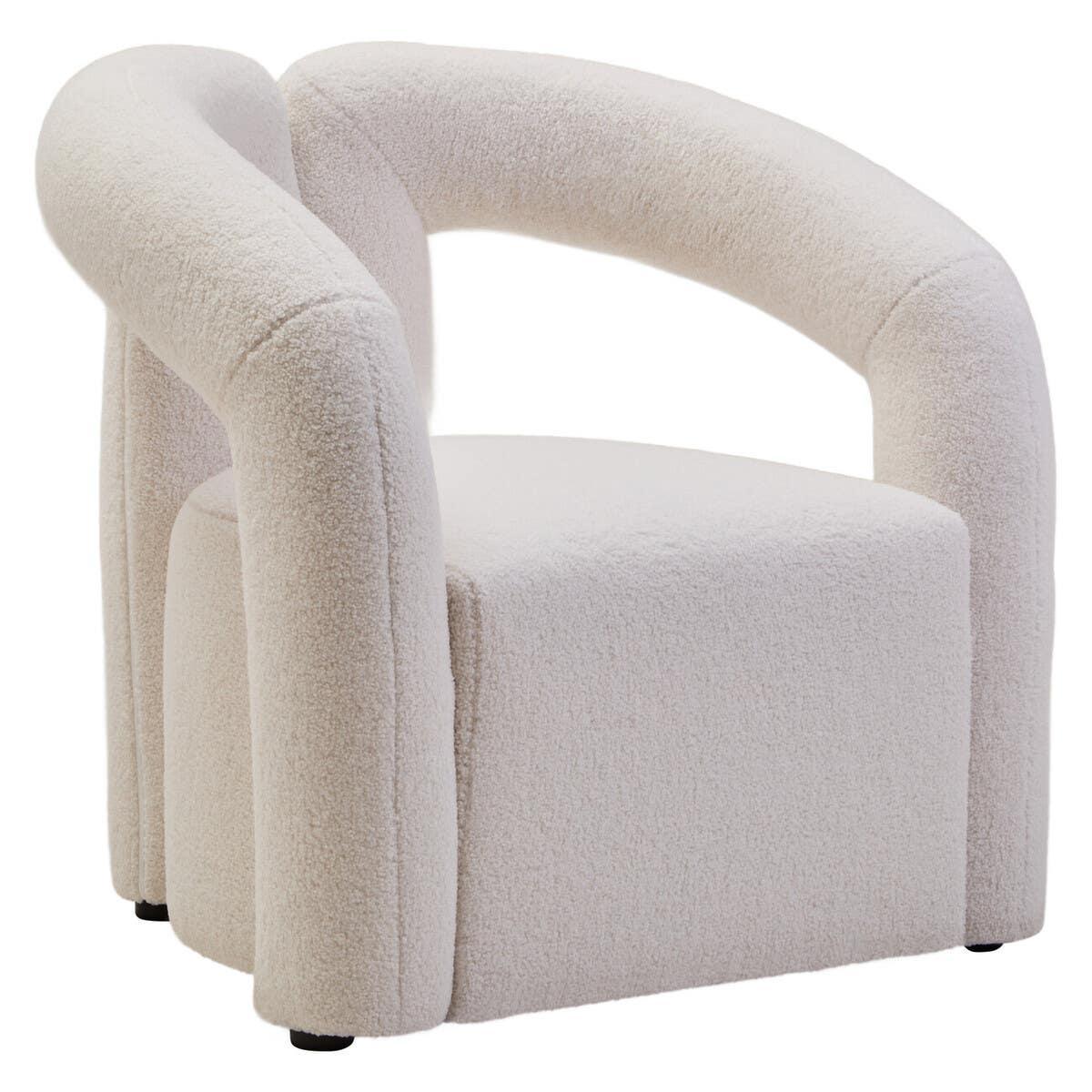 Curved boucle accent chair with low back and plush cream upholstery