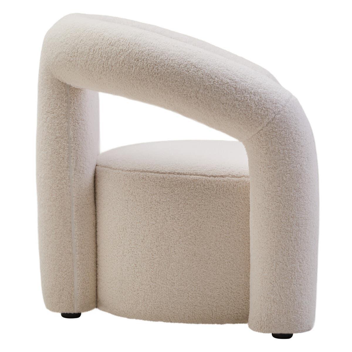Cream boucle accent chair with rounded backrest and modern design, side angle view