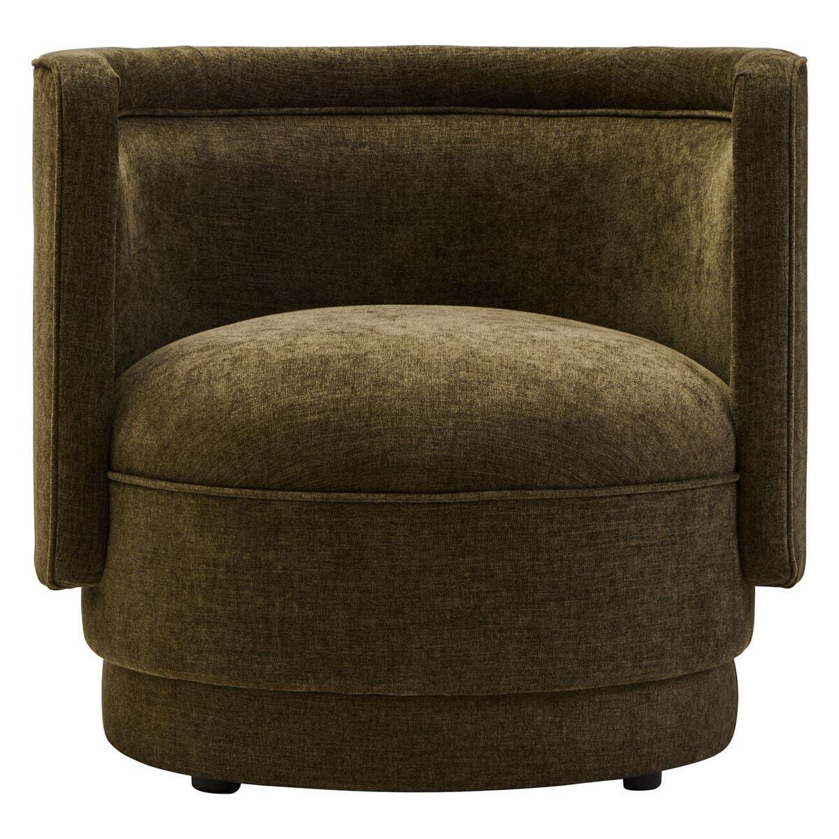 Olive green fabric swivel armchair with curved back and wide padded seat