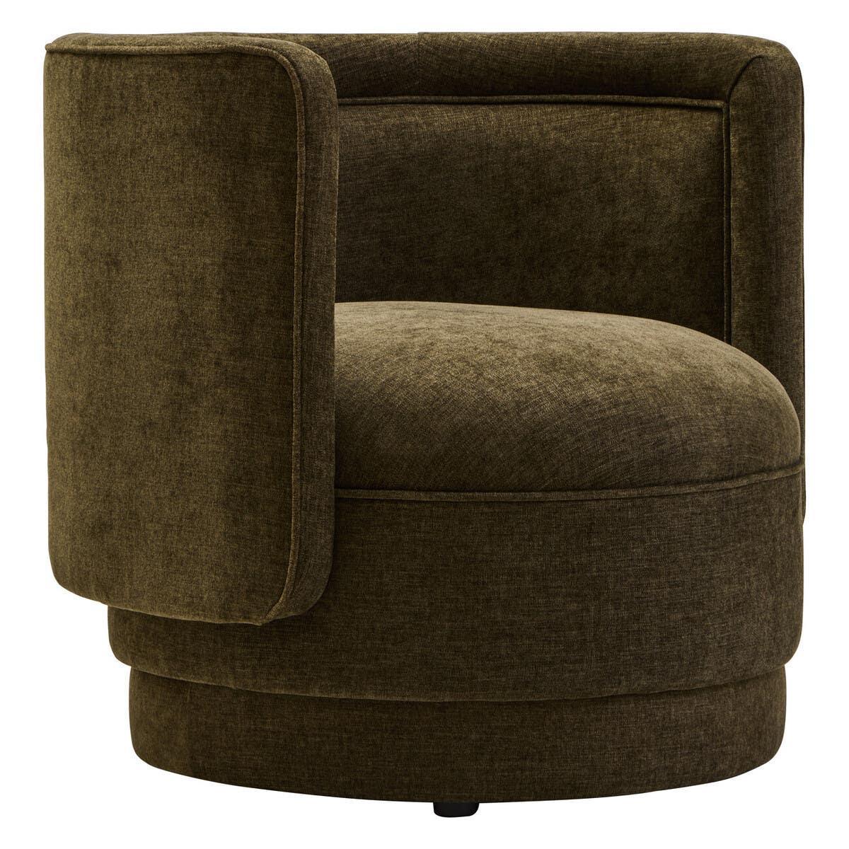 Olive green fabric swivel accent chair with curved back and plush round seat