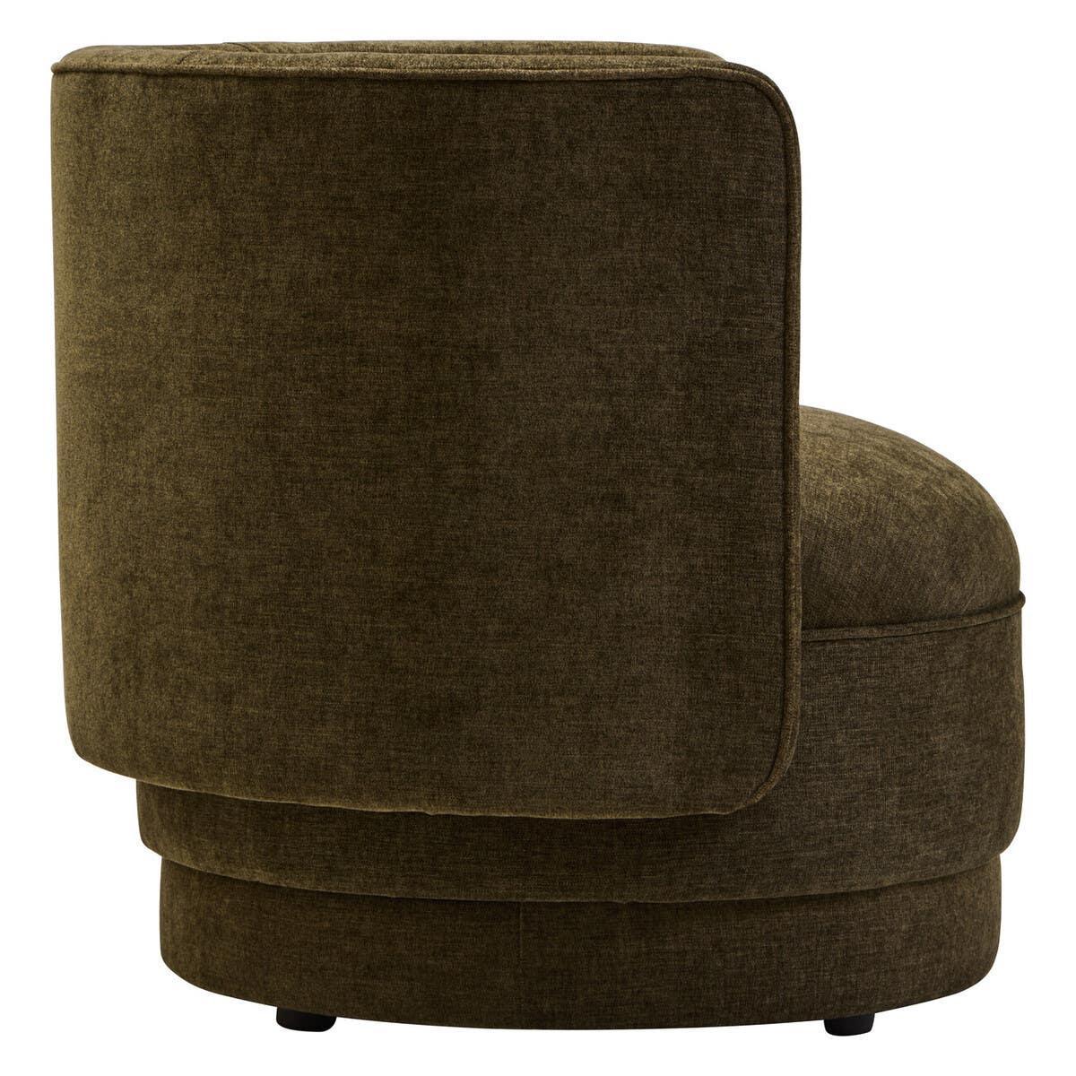 Side view of brown fabric accent chair with rounded back and cushioned seat